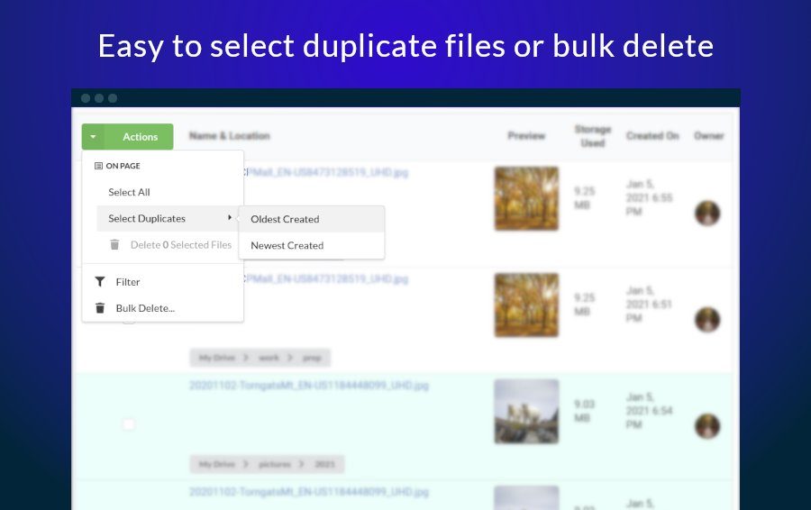 Select duplicate files and bulk delete in Google Drive