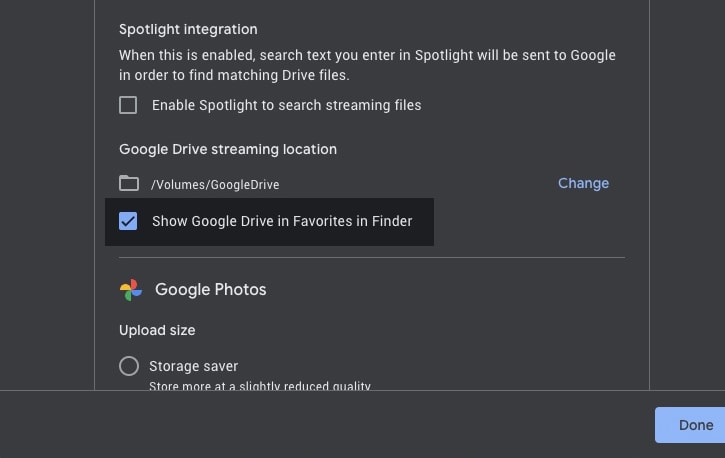 Google Drive Finder Shortcut Checkbox