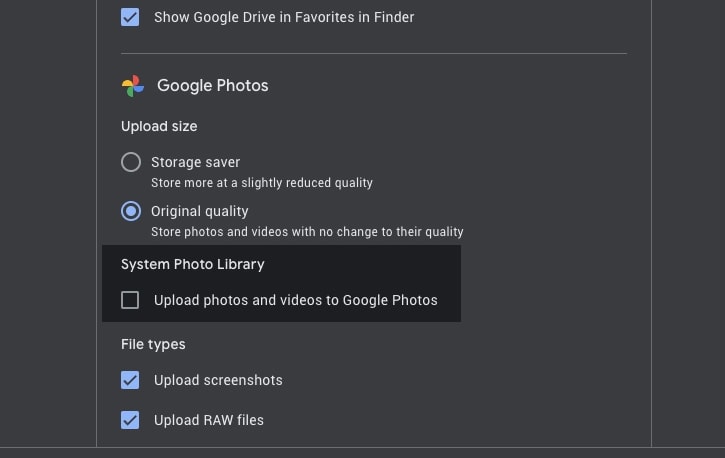 Google Photos Checkbox in Drive