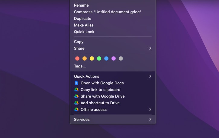 Right click context menu for Google Drive Desktop