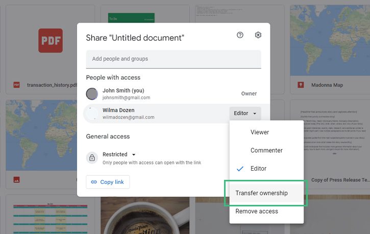 Transfer ownership in Google Drive