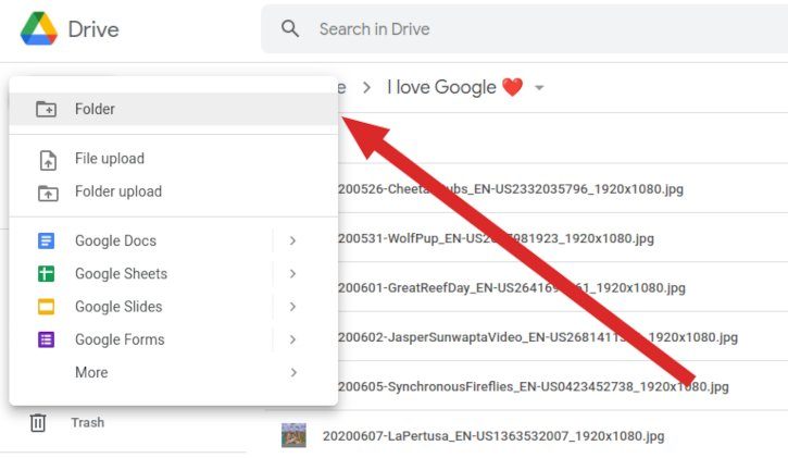 Screenshot showing the Create New Folder Menu in Google Drive