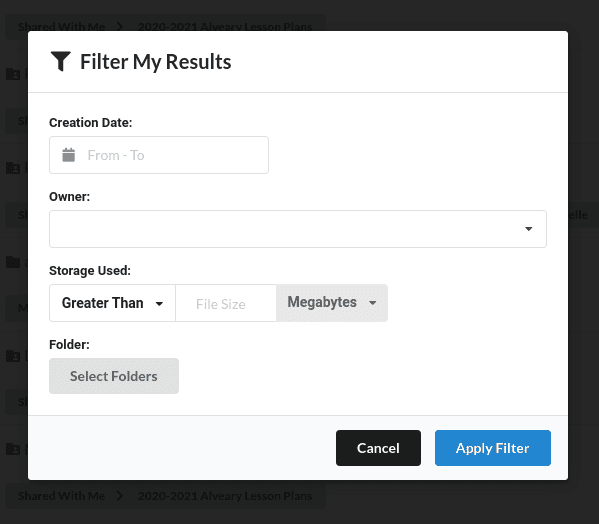 Filter Dialog to Filter Folders By Size