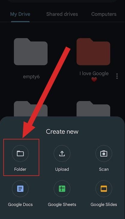 Screenshot of the folder button to create a folder in Google Drive