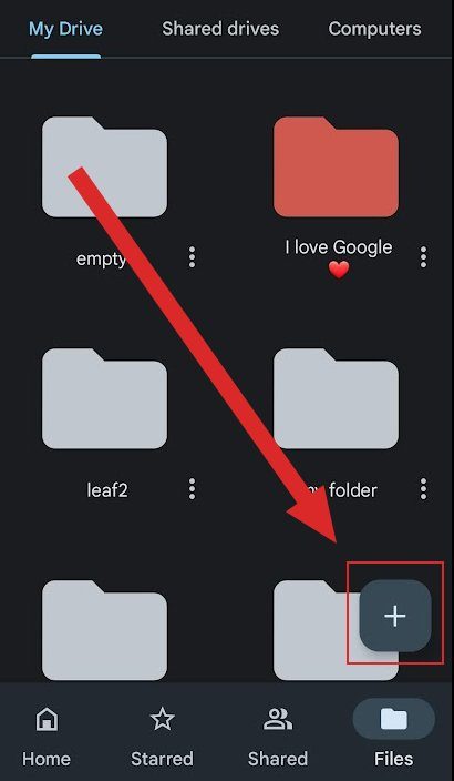 Screenshot of the plus icon to create a folder on android