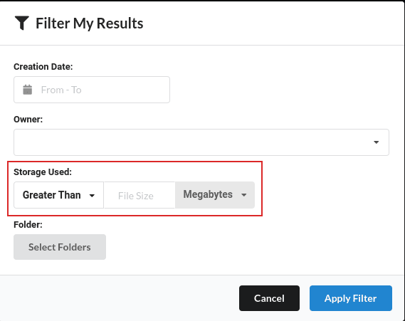 Screenshot of the custom filter dialog for selecting the file and folder size