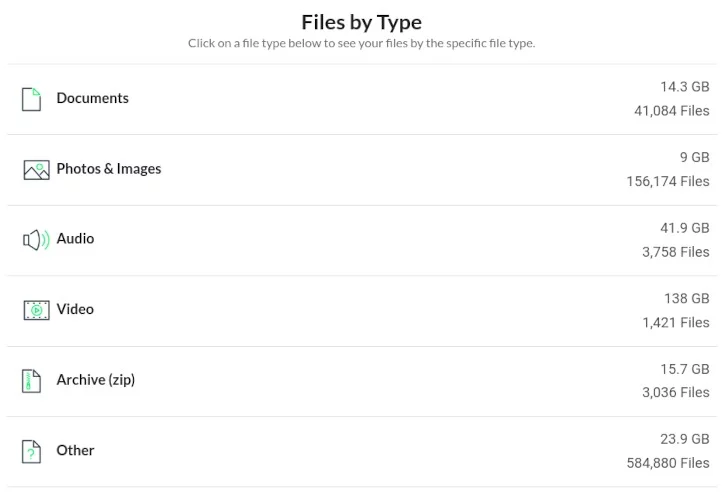 Chart Showing Storage Used by Specific File Types