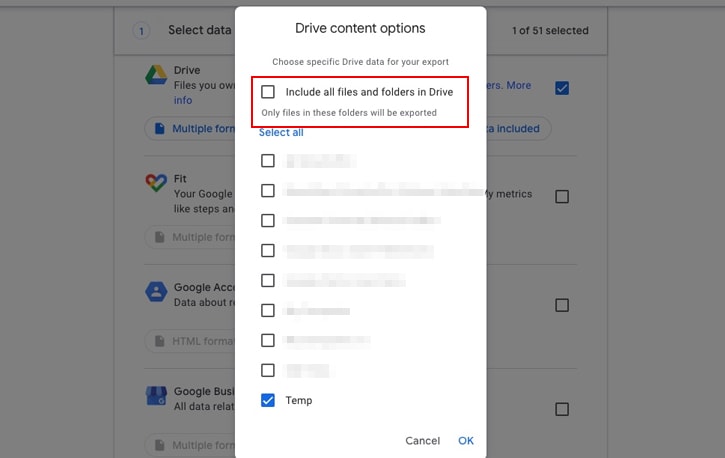 Google Takeout Options