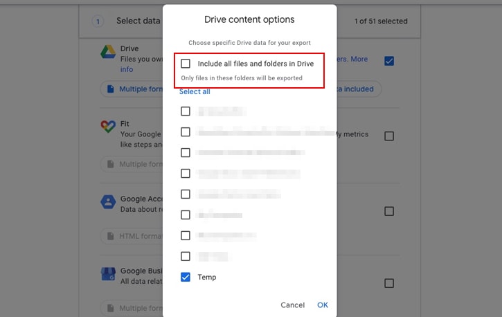 Select "All Drive Data" when backing up with Google Takeout