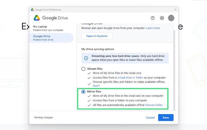 Sync Google Drive via streaming or mirroring