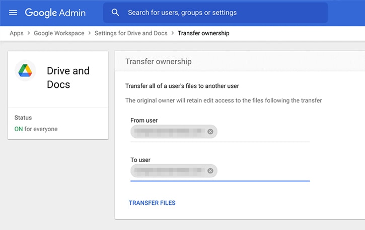 Transfer Google Workspace files to another account