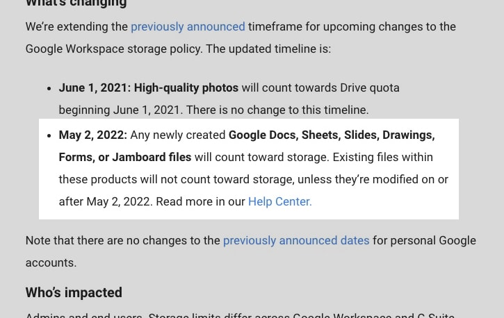 Google Grandfathering in Old Files After Storage Change
