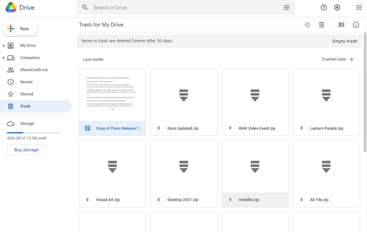 View files in Google Drive trash