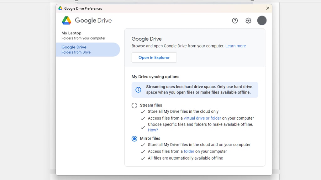 Mirroring vs Streaming in Google Drive settings