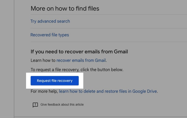 Request File Recovery button on Google Drive