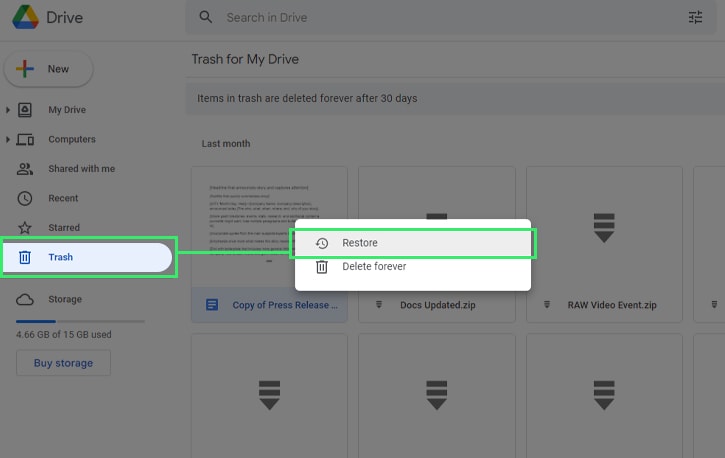 Restore files in Google Drive trash