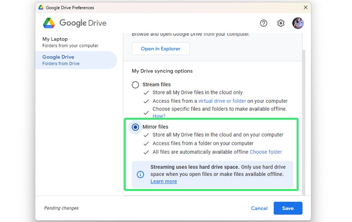 Drive for Desktop Mirror Setting