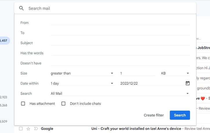 View gmail email by size