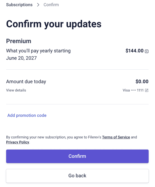 Confirm subscription change and prorated amount