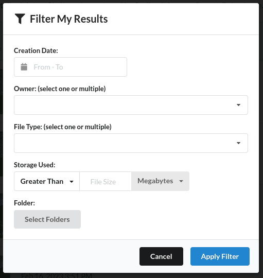 Filter Dialog showing specific ways to filter your Google files.