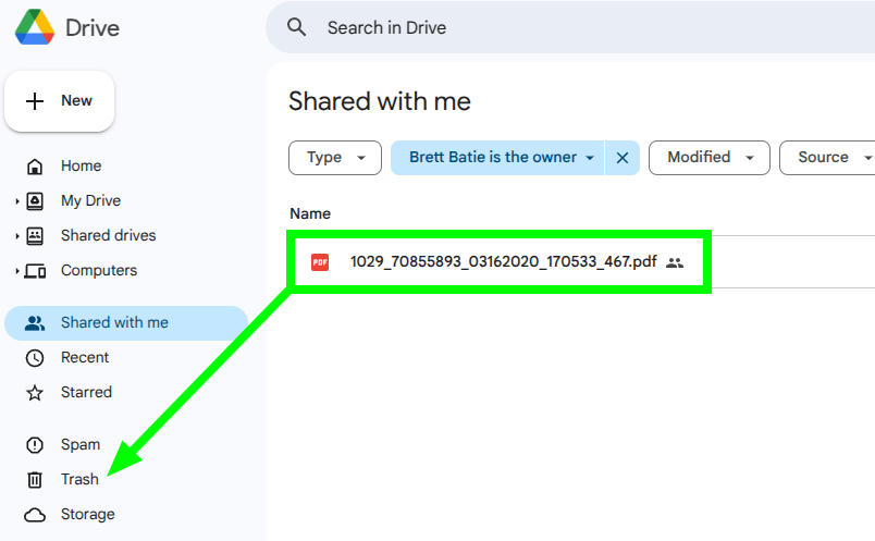 drag and drop file to Google Drive trash