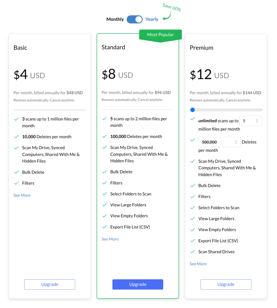 List of three plans to choose from when upgrading from the Free Plan.