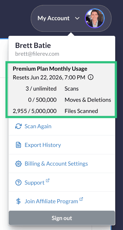 Current plan and limits used on the My Account Avatar Menu