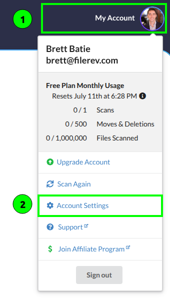 account settings in Filerev