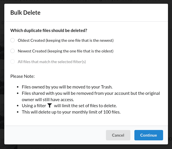 Bulk delete your Google Drive duplicate dialog.