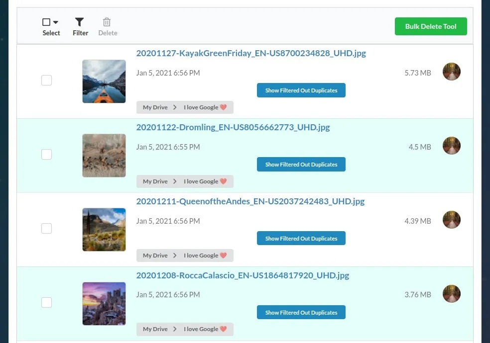 View of your Google Drive duplicate files in the selected folder.
