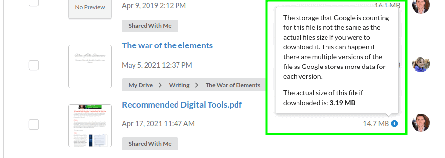 Storage used in Google Drive is not the same as the file size.