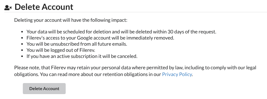 delete filerev account and remove access to google drive