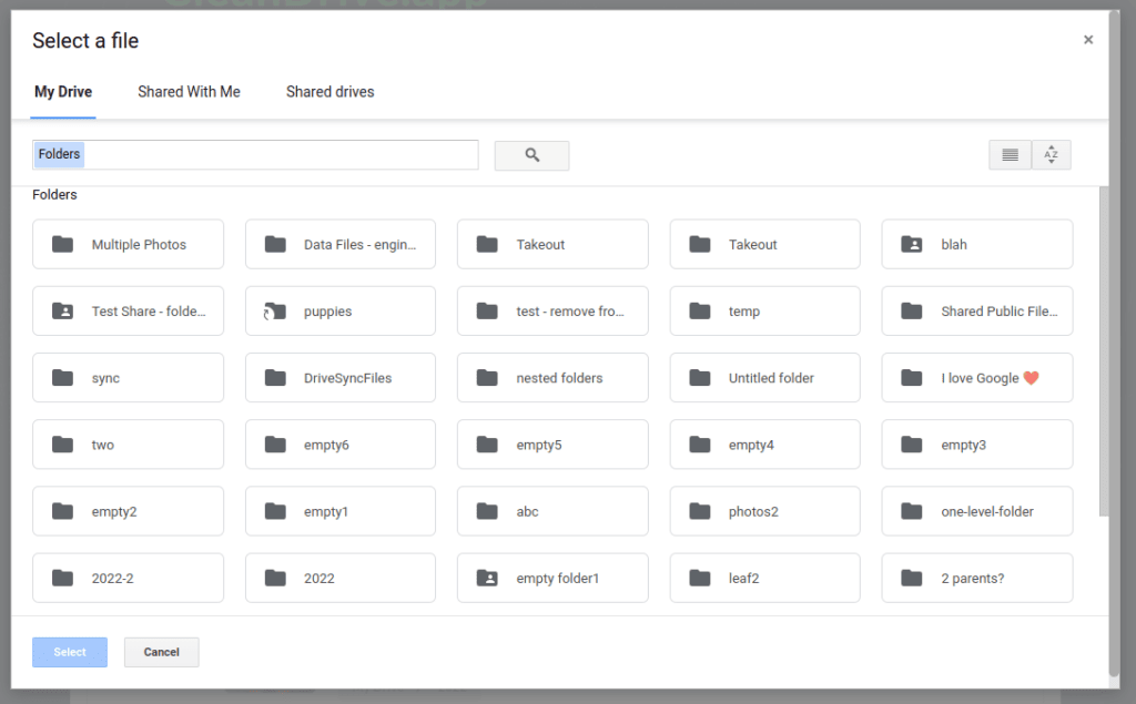 select the Google Drive folders to filter