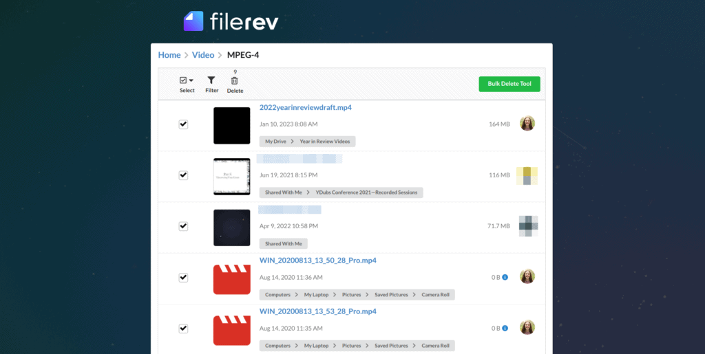 Clean up video files in Google Drive with the Filerev app