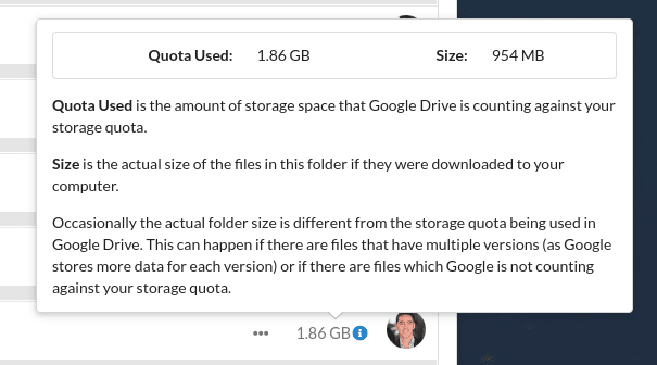 Storage quota used by a Folder in Google Drve vs the Actual Size
