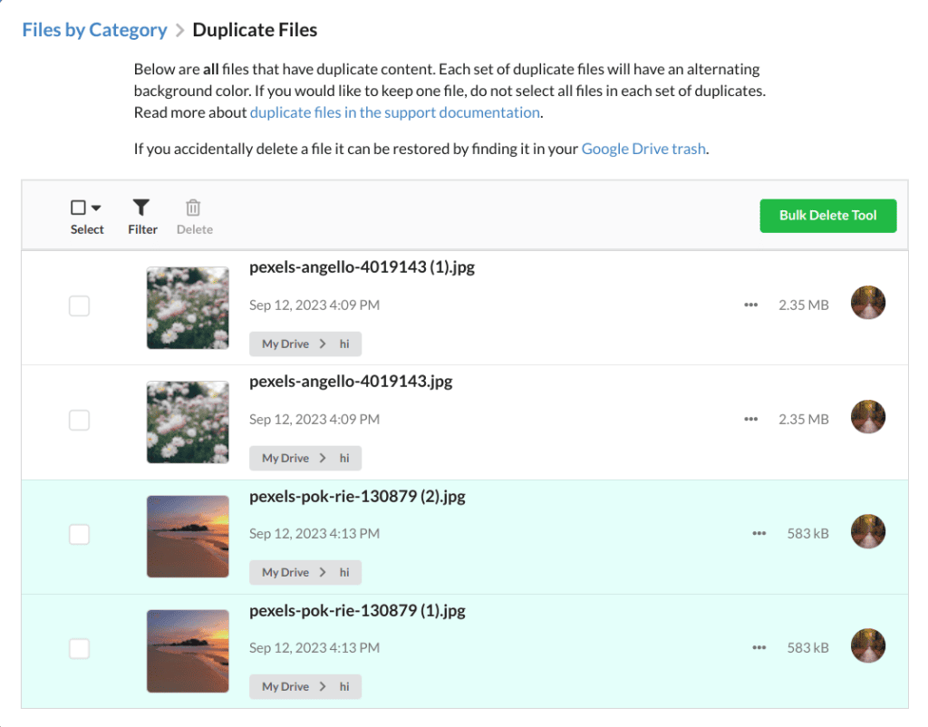 View your Google Drive duplicate files using the Filerev app.