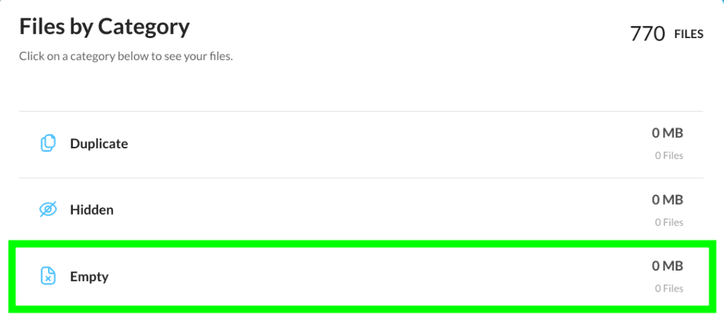 Empty Files Category that shows empty files in your Google Drive account.