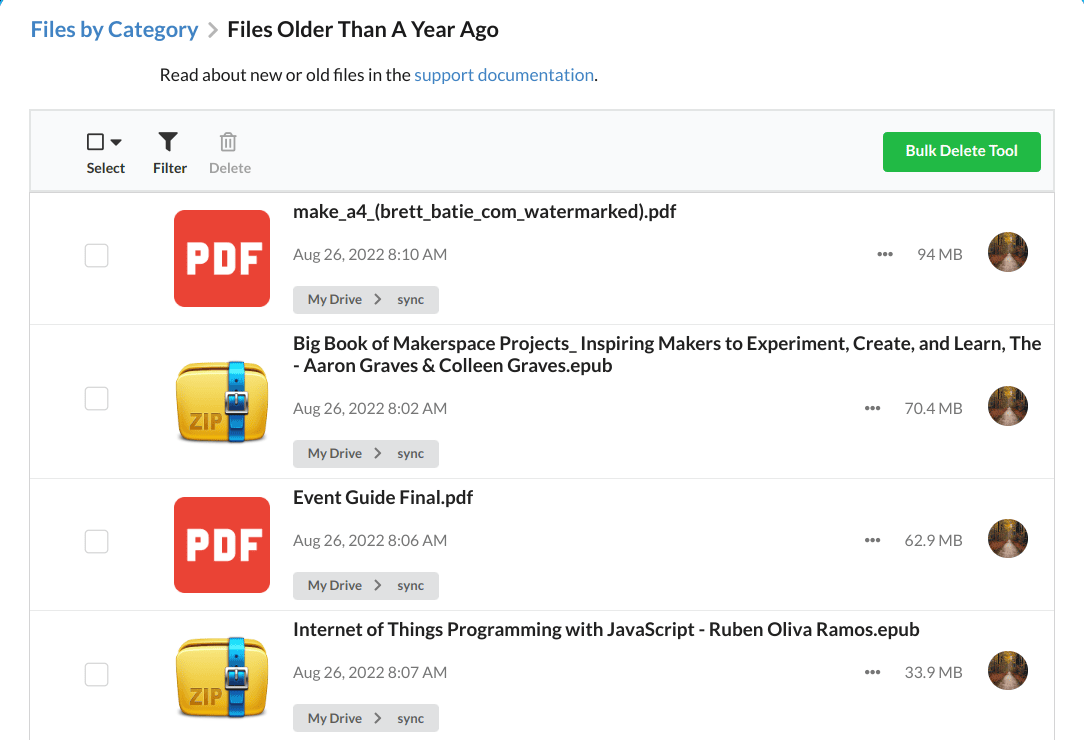 View and remove old files filerev for google drive