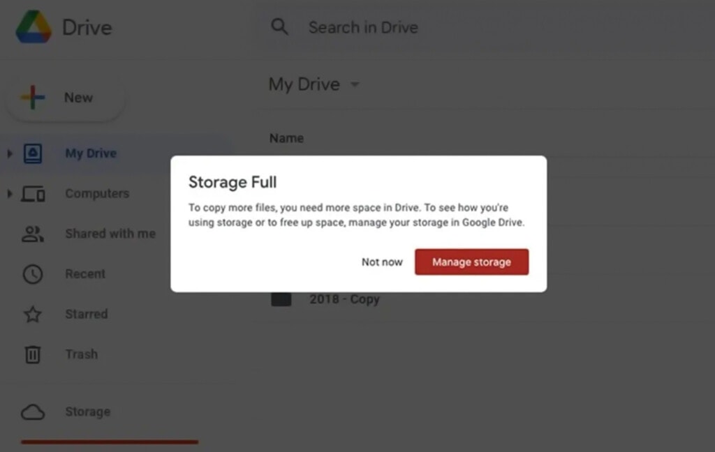storage full message in Google Drive