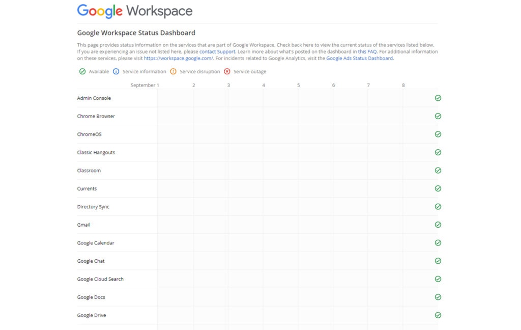 Status Page for Google Workspace and Google Drive