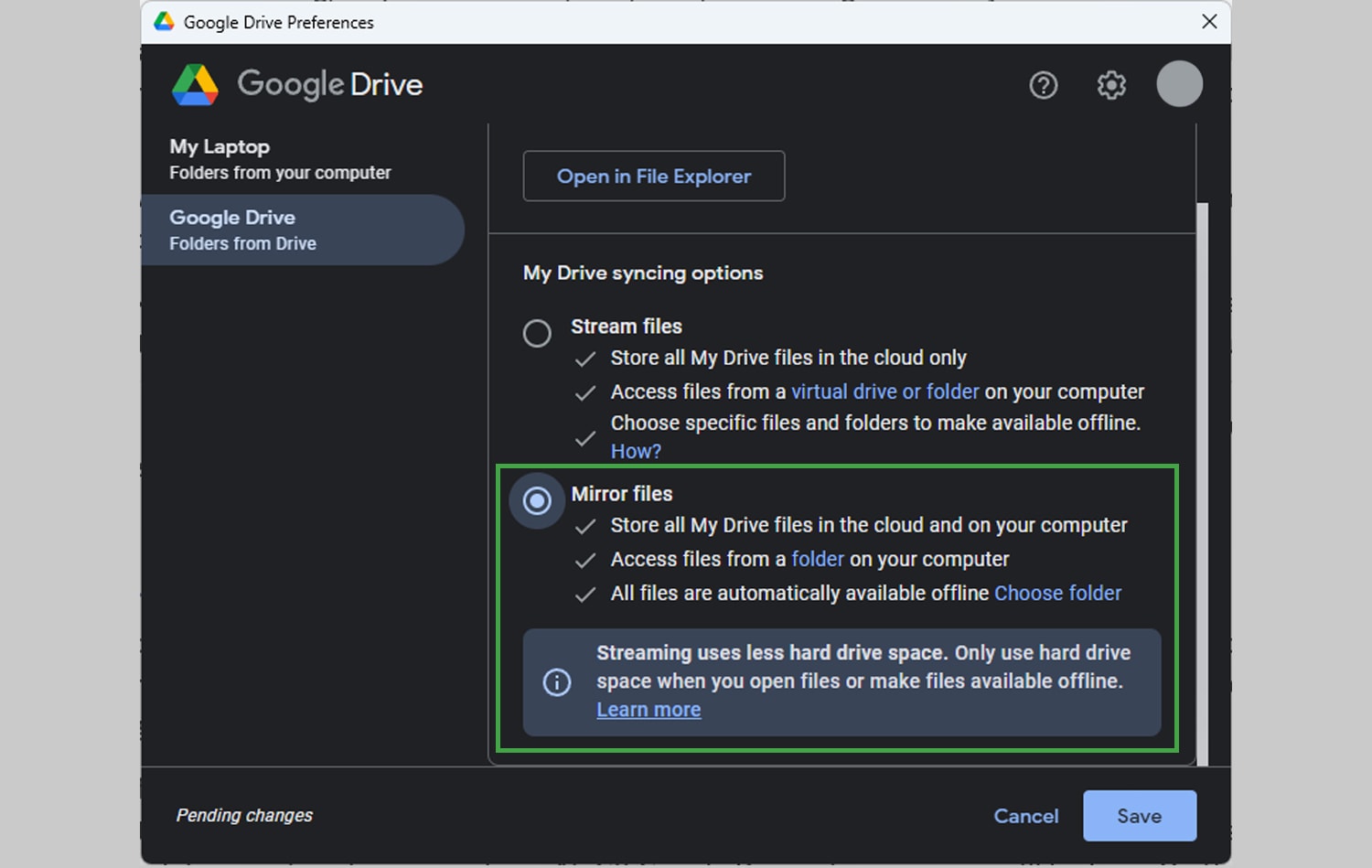 Changing Google Drive from Streaming to Mirroring
