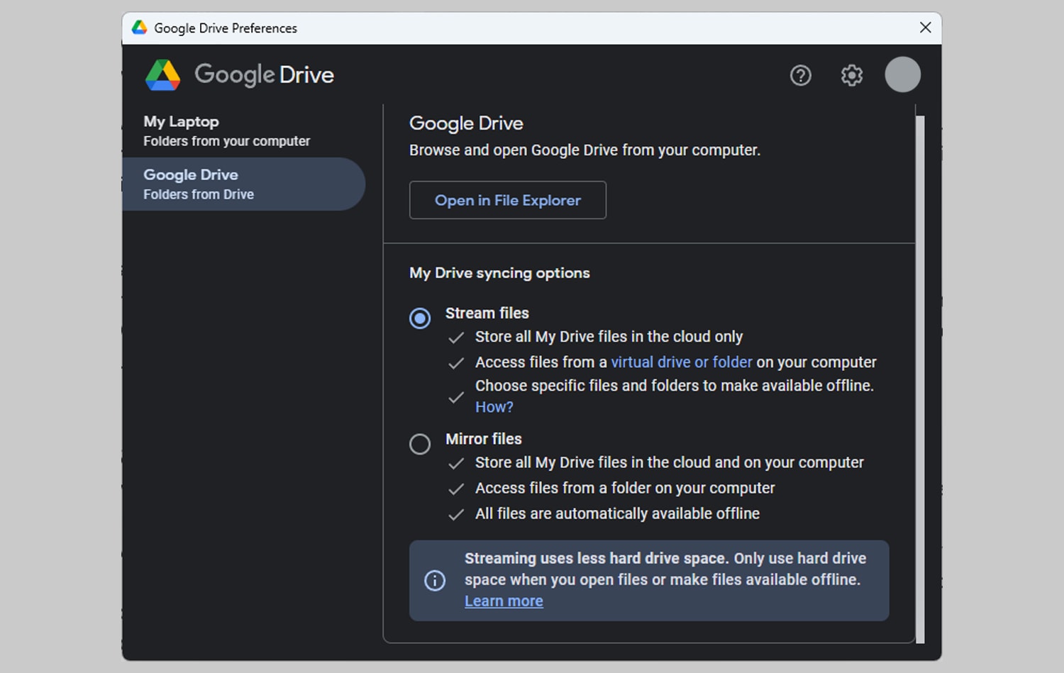 Streaming vs Mirroring Files on Google Drive