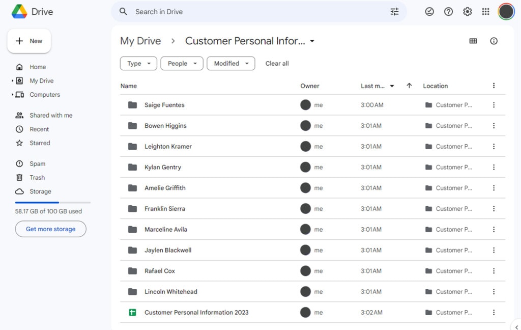 Customer Information Stored on Google Drive