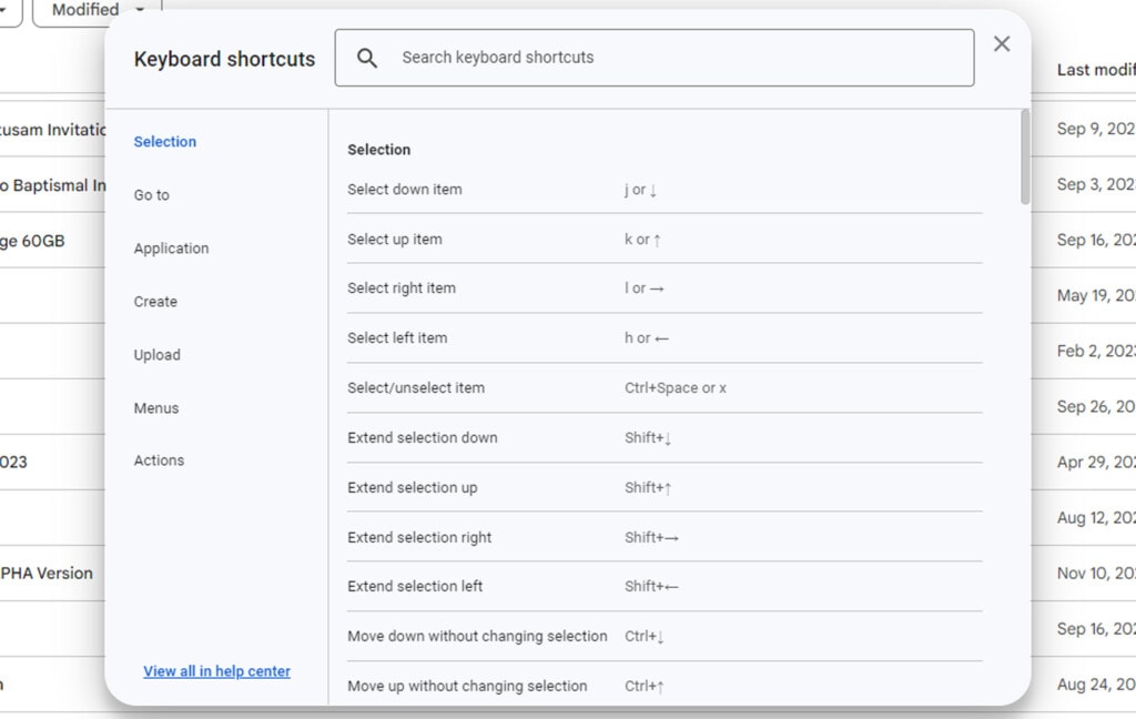 Google Drive Keyboard Shortcuts List