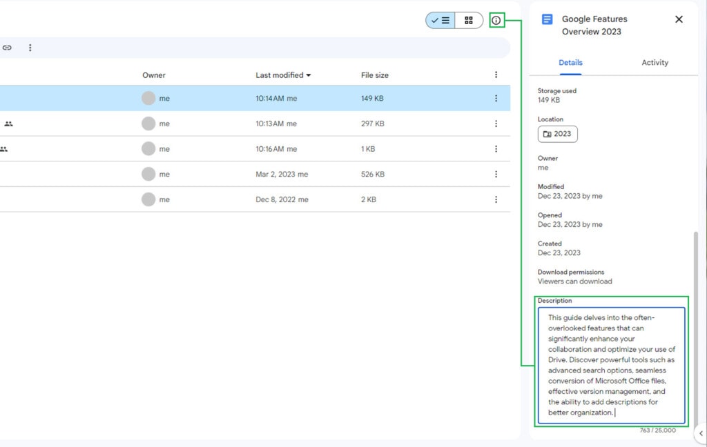 Adding a File Description in Google Drive