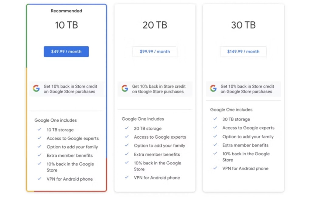Google One Pricing Plans