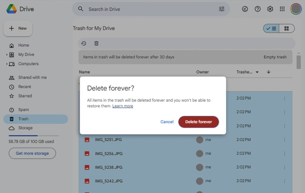 Deleting Files in Google Drive Trash Folder