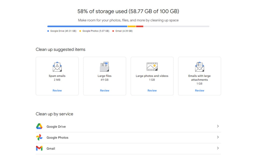 Google One Storage Management Page