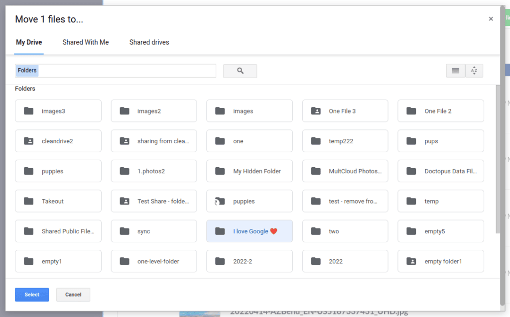 Select where to move the Google Drive files.