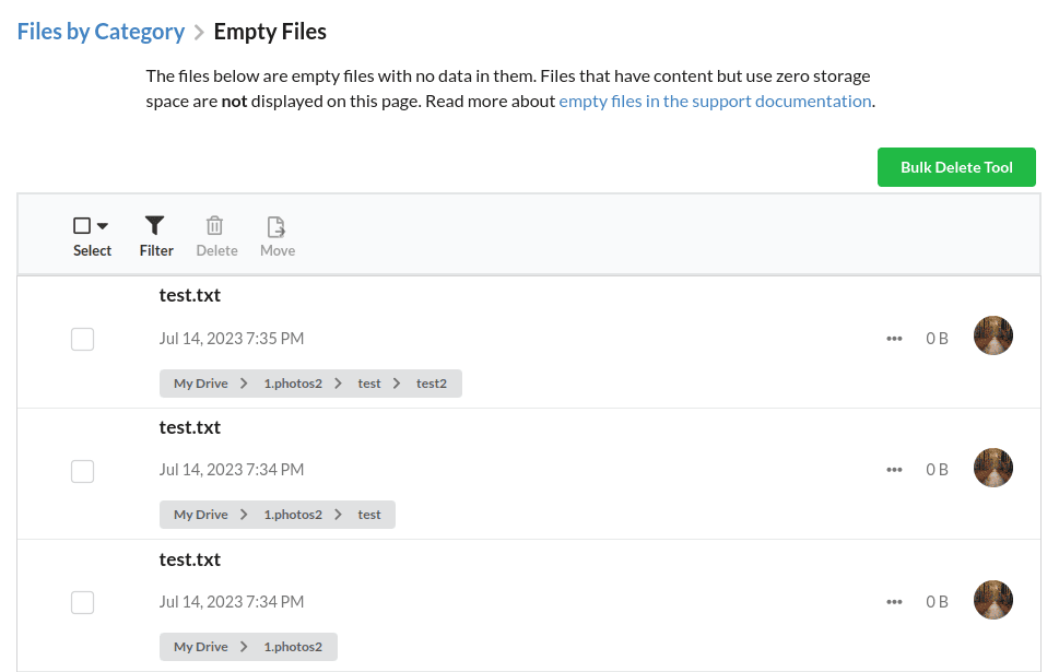Empty Files Category that shows empty files in your Google Drive account.